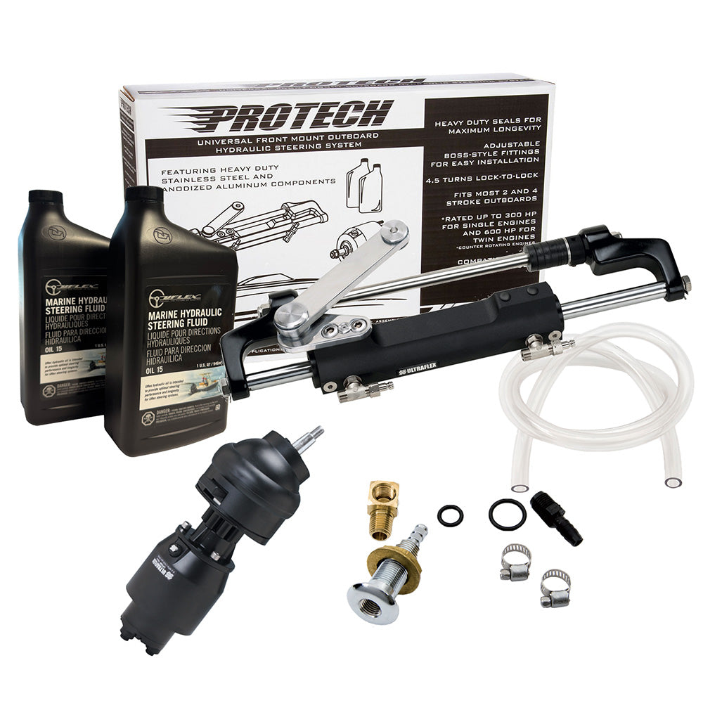 Système hydraulique Uflex PROTECH 2.1 à montage frontal et inclinaison OB - Comprend une pompe de direction UP28T, de l'huile, un vérin UC128TS-2 et une inclinaison X52 - Sans flexibles