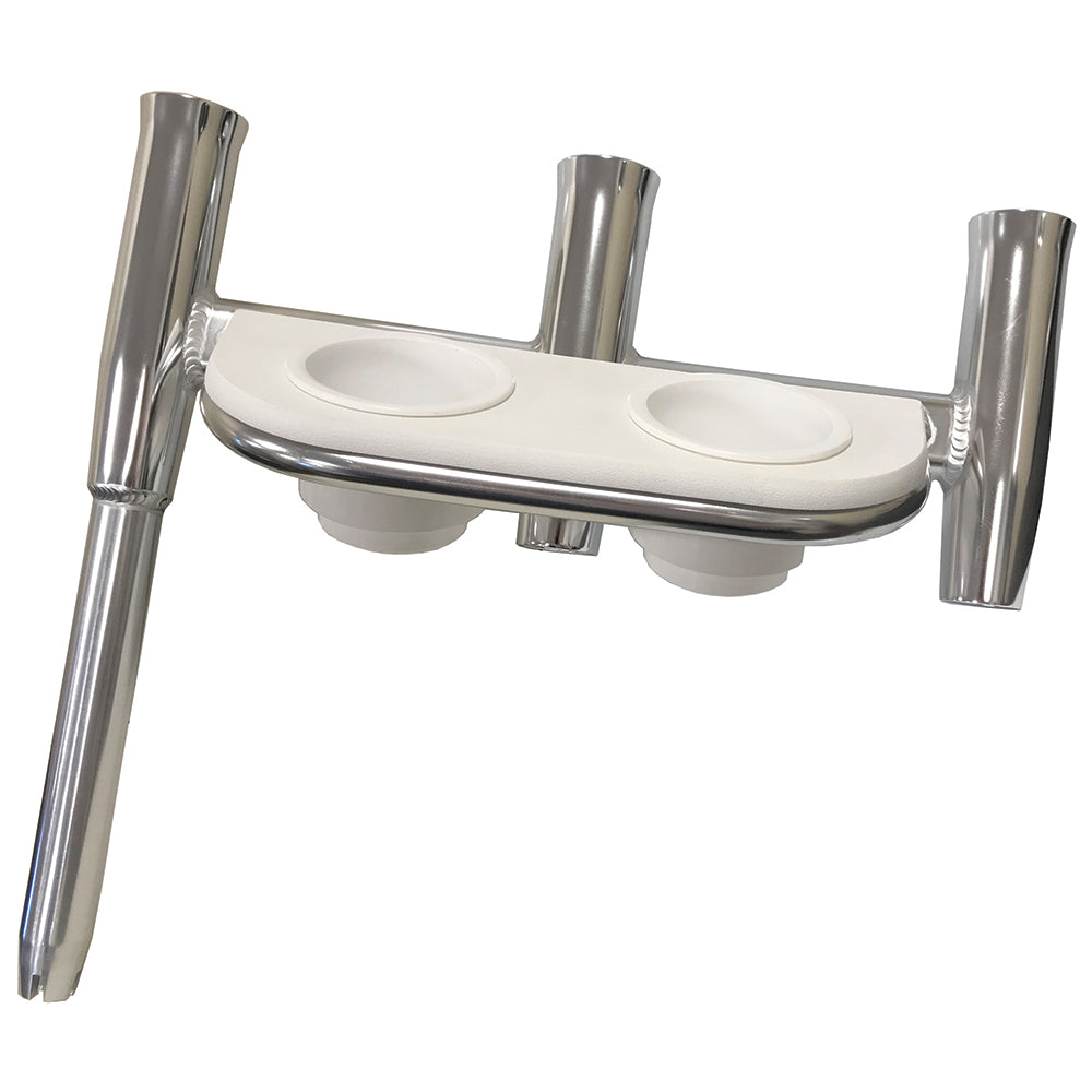 Porte-canne triple décalé Tigress avec porte-gobelets - Côté tribord - Aluminium poli