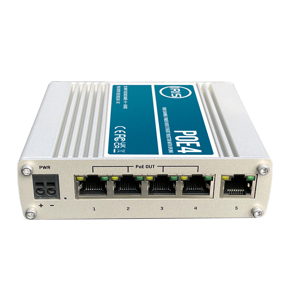 Commutateur Power over Ethernet Iris à quatre canaux (liaison montante) - Conforme à la norme IEEE802.3af 3at - Entrée 9-30 V CC - Sortie 48 V CC
