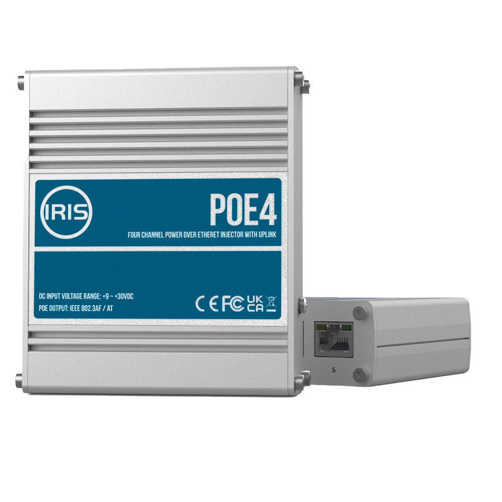 Commutateur Power over Ethernet Iris à quatre canaux (liaison montante) - Conforme à la norme IEEE802.3af 3at - Entrée 9-30 V CC - Sortie 48 V CC