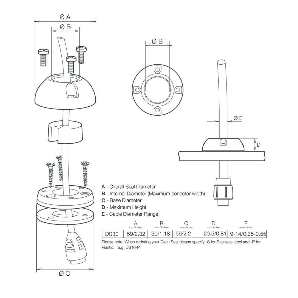 Joint de câble vertical Scanstrut DS30-S - Acier inoxydable