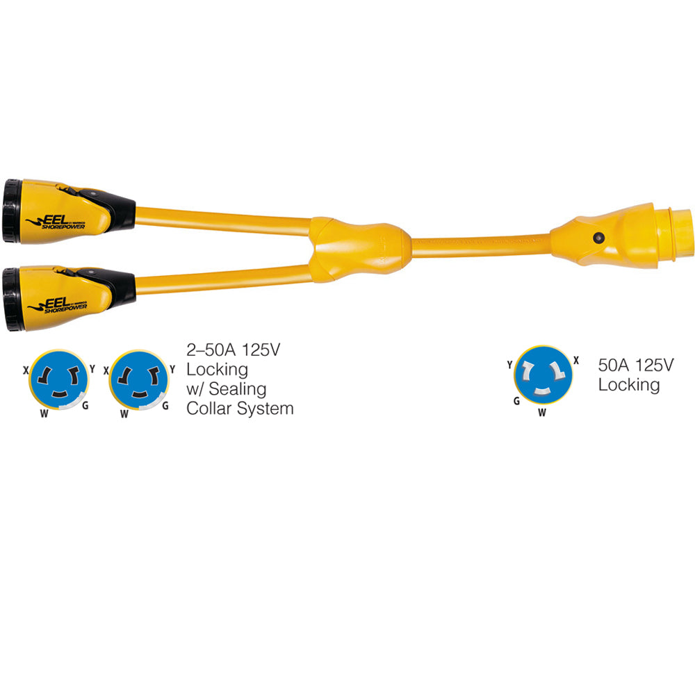 Adaptateur Marinco Y504-2-504 EEL (2)50 A-125/250 V femelle vers (1)50 A-125/250 V mâle « Y » - Jaune