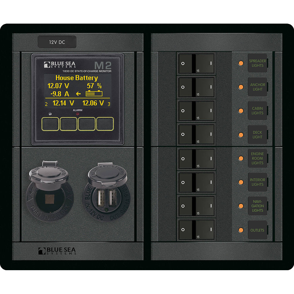 Blue Sea 1497 - Panneau 360° - Multimètre à bascule plate 8 positions 12 V M2 avec double prise USB/12 V SOC