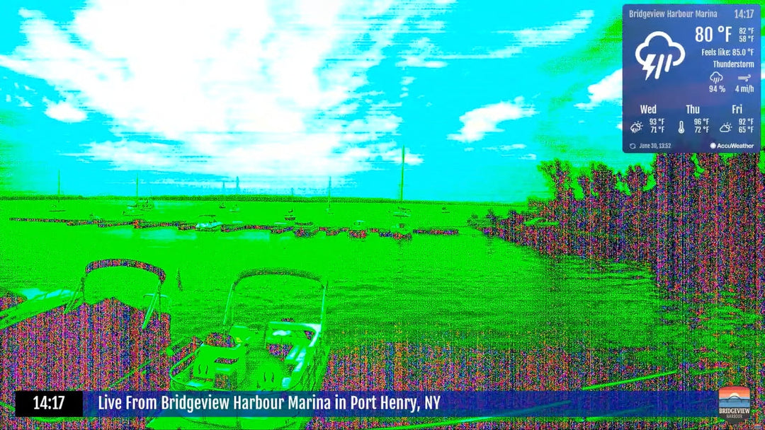 An image of the docks with crazy colors cuased by the camera overheating.