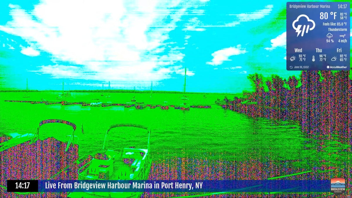 An image of the docks with crazy colors cuased by the camera overheating.
