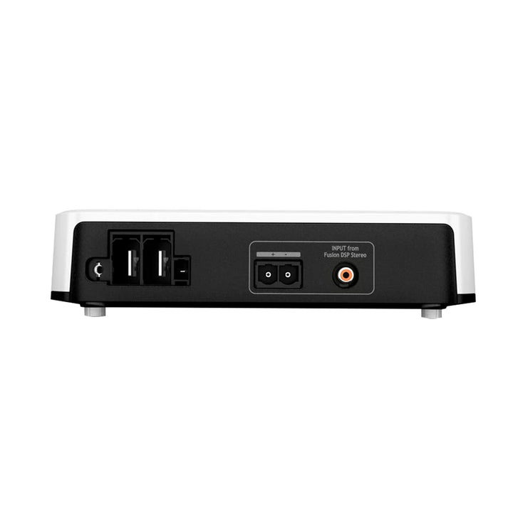 Fusion Apollo Monoblock Marine 650-Watt RMS Amplifier with black casing and control knobs, designed for boat audio systems.