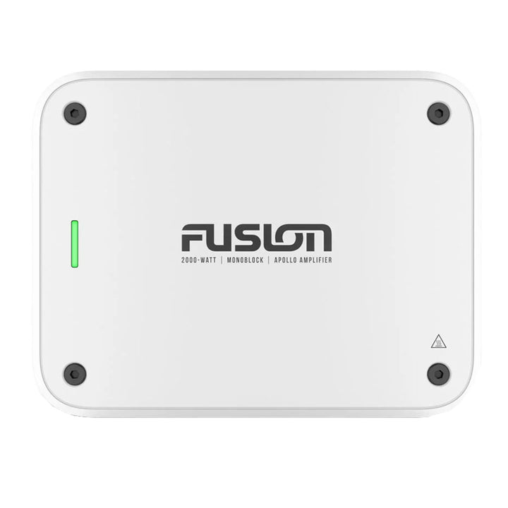 Fusion Apollo Monoblock Marine 650-Watt RMS amplifier with sleek design and control knobs, suitable for marine audio systems.