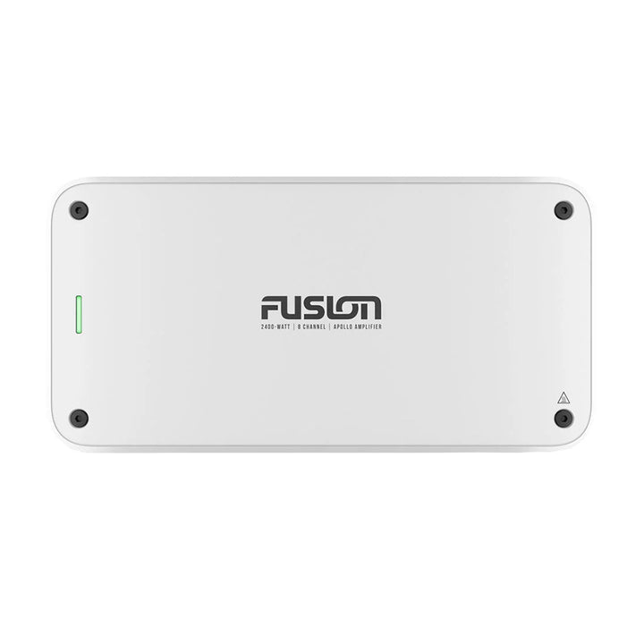 Fusion Apollo Marine 8 Channel 2400-Watt Amplifier showing front view with control knobs and branding for marine audio systems.