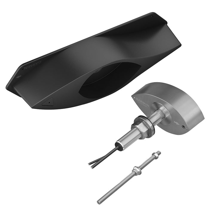 Garmin Panoptix PS70 thru-hull transducer with fairing block installed on a boat hull for marine sonar imaging.