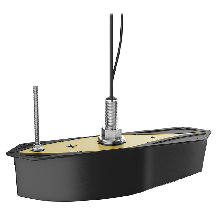 Garmin Panoptix PS70 thru-hull transducer with fairing block mounted on a boat hull for marine sonar installation