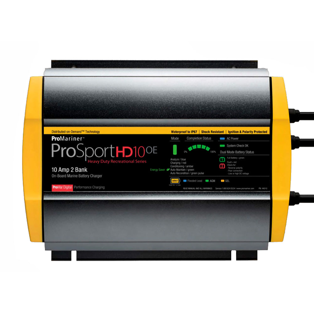 ProMariner ProSportHD 10 Gen 4 10 Amp 2-bank battery charger, compact and durable marine power charging device.