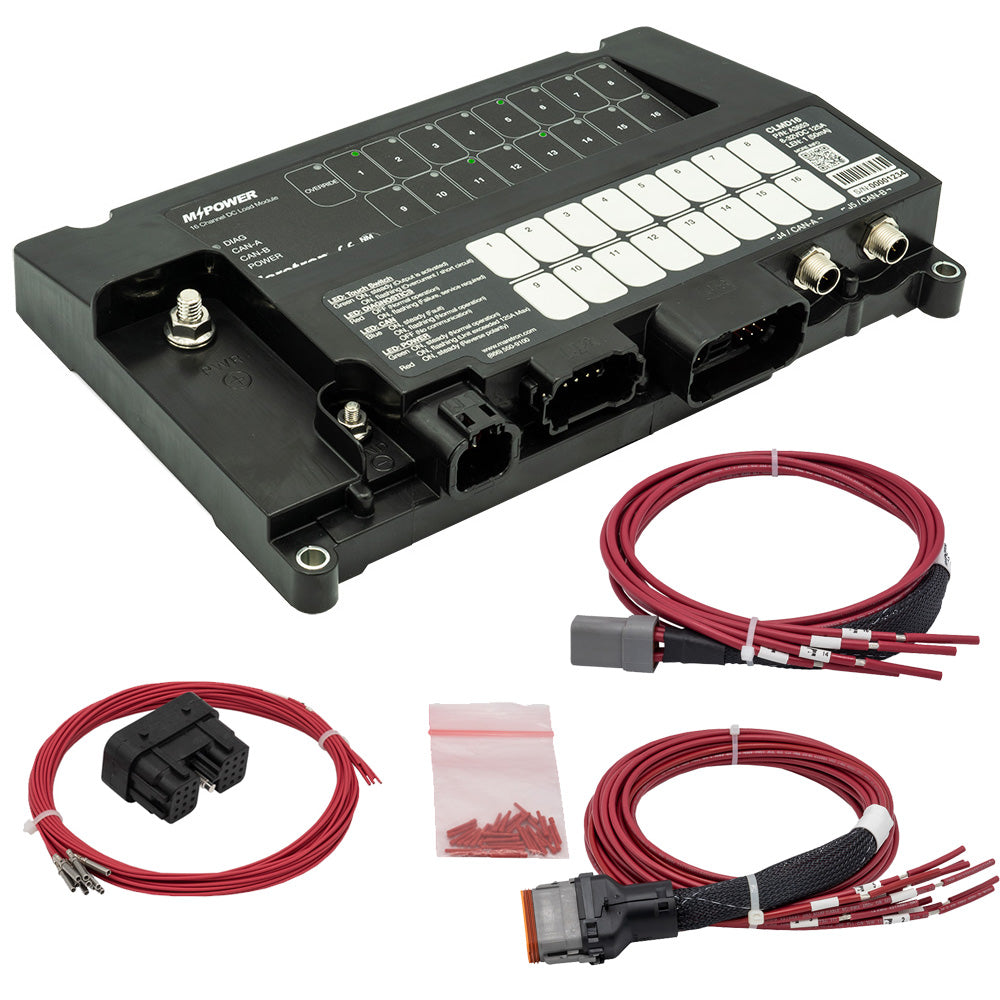 Maretron MPower 16-channel DC load controller module with NMEA 2000, J1 and J2 connectors, marine monitoring device.