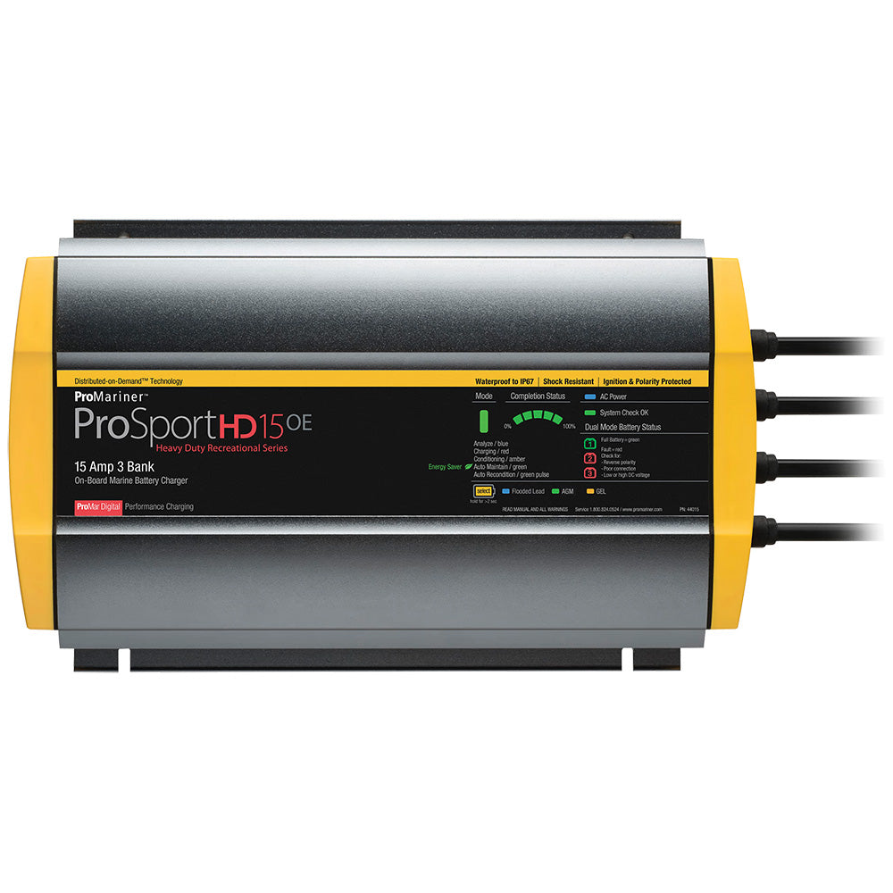 ProMariner ProSportHD 15 Gen 4 15 Amp 3-bank battery charger showing multiple charging ports and digital display on the device