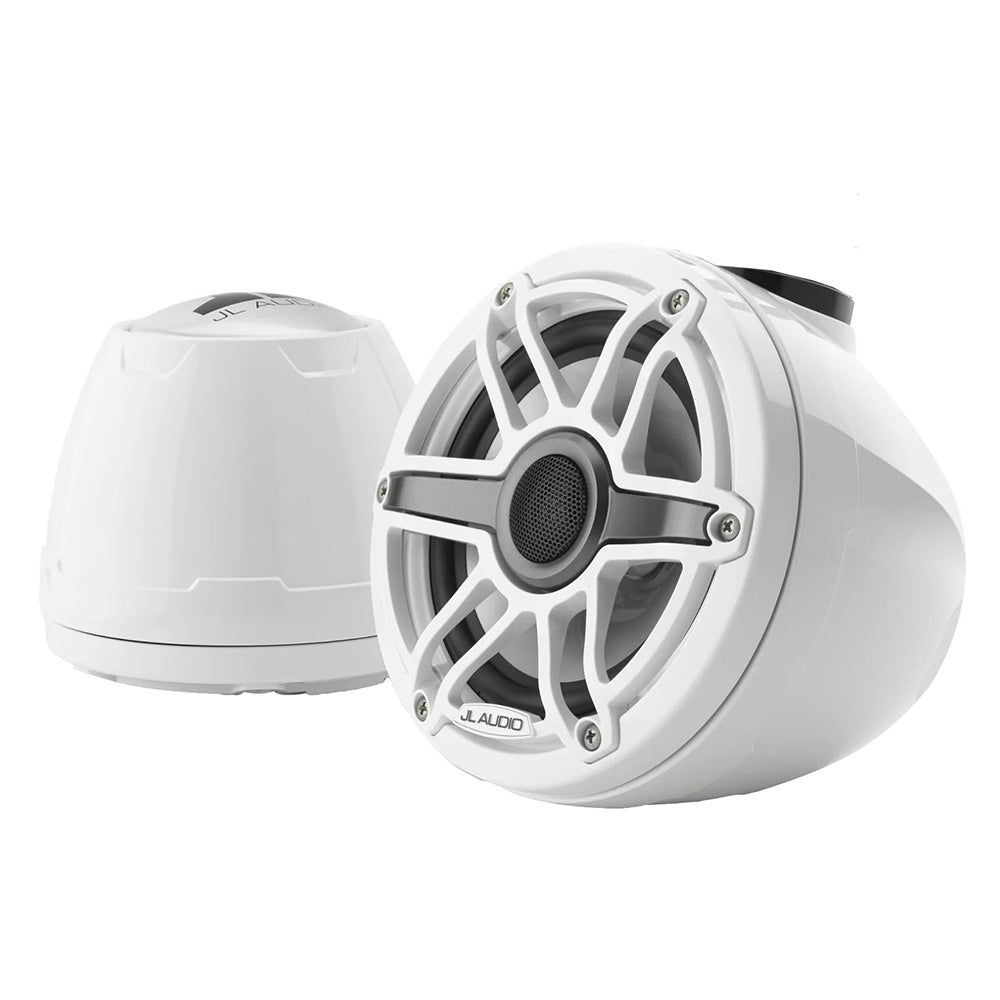 JL Audio M6 VeX Series 6.5-inch enclosed coaxial speakers with white sports grilles, designed for tower or soundbar installation.