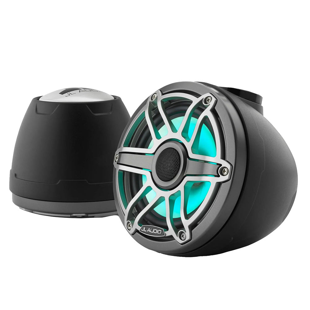 JL Audio M6 VeX Series 6.5-inch coaxial speakers with titanium grilles and RGB LED lighting, installed in a tower speaker setup.
