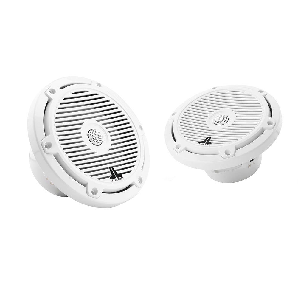 JL Audio M3 Series 6.5-inch marine coaxial speakers with glossy white grilles, designed for boat audio systems.