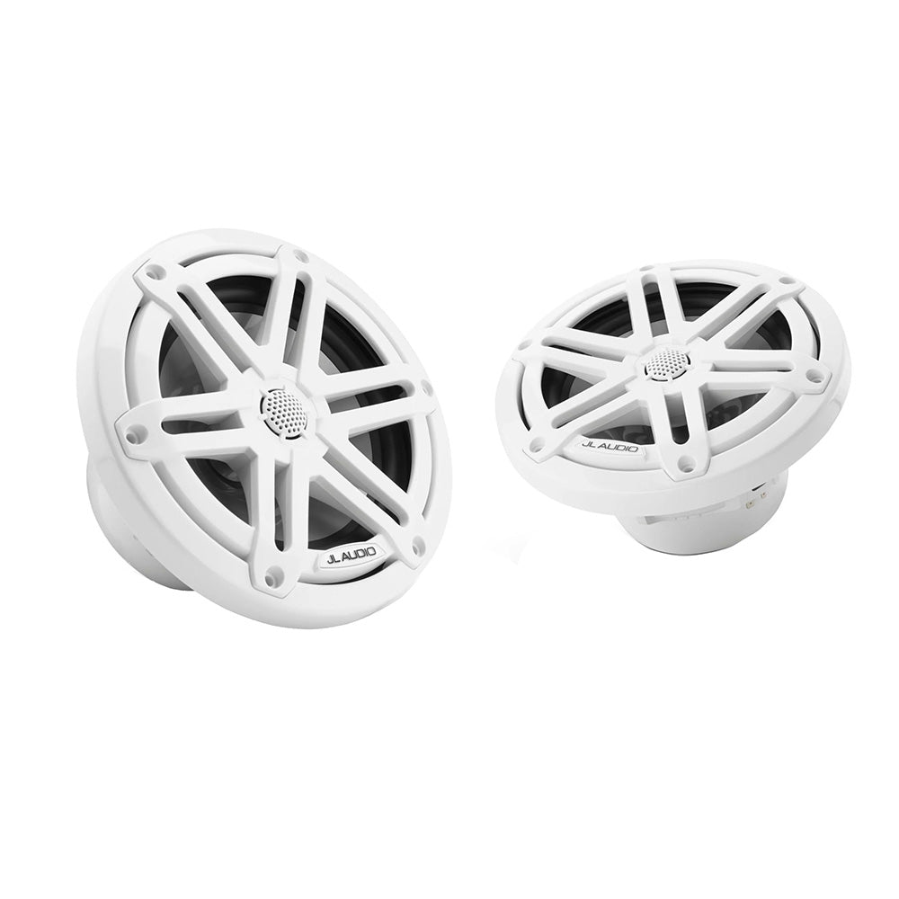 JL Audio M3 Series 6.5-inch marine coaxial speakers with gloss white sport grilles, designed for boat audio systems.
