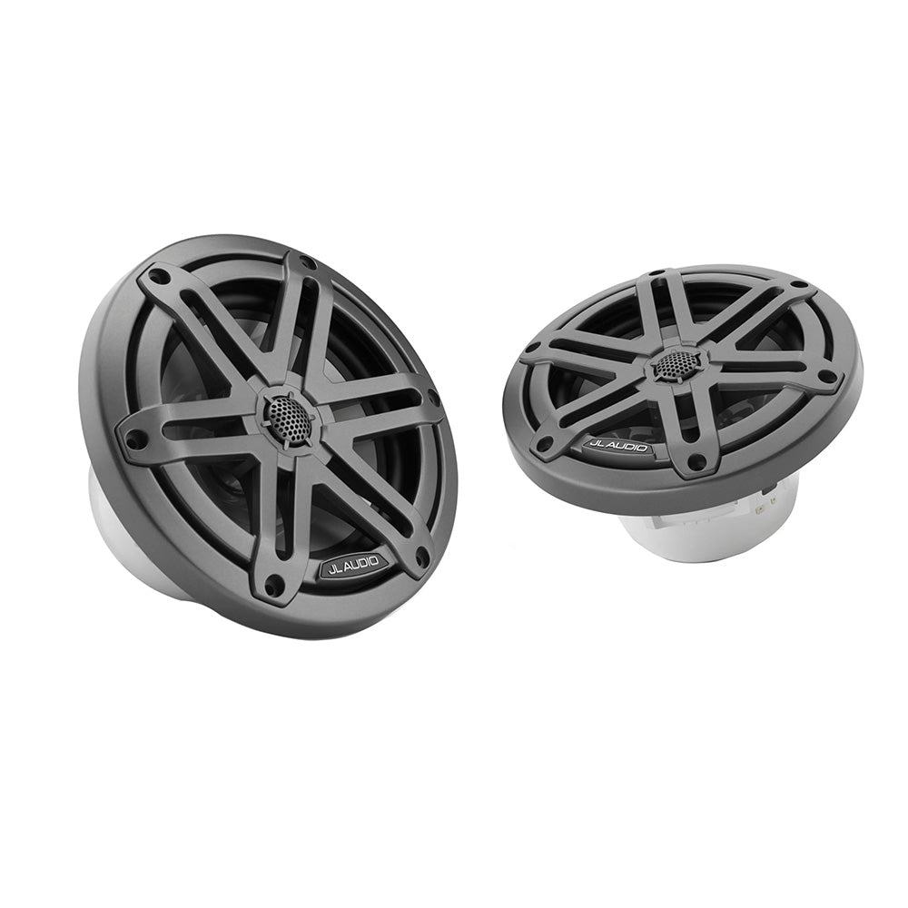 JL Audio M3 Series 6.5-inch marine coaxial speakers with grey metallic sport grilles, designed for durable boat audio systems.