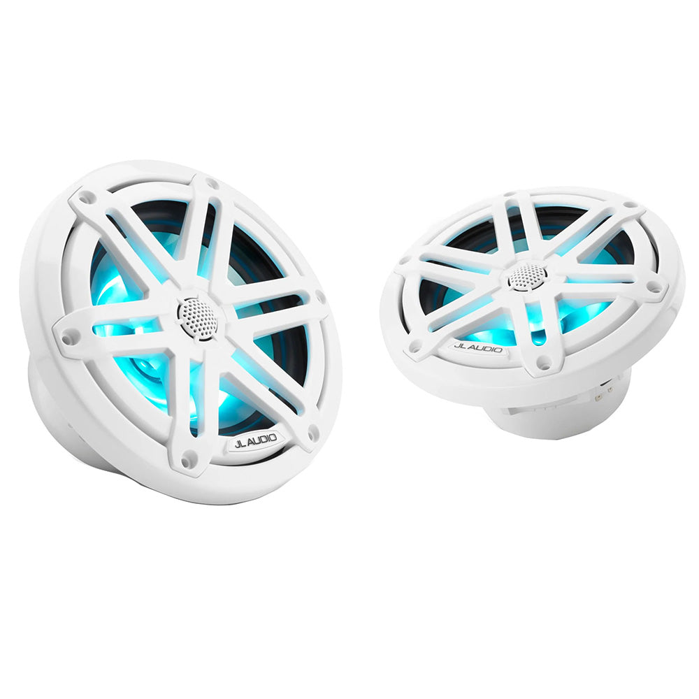JL Audio M3 Series 6.5-inch marine coaxial speakers with gloss white sport grilles and RGB LED lighting.