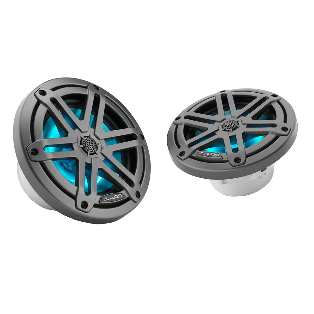 JL Audio M3 Series 6.5-inch marine coaxial speakers with grey metallic sport grilles and RGB LED lighting in a close-up shot.