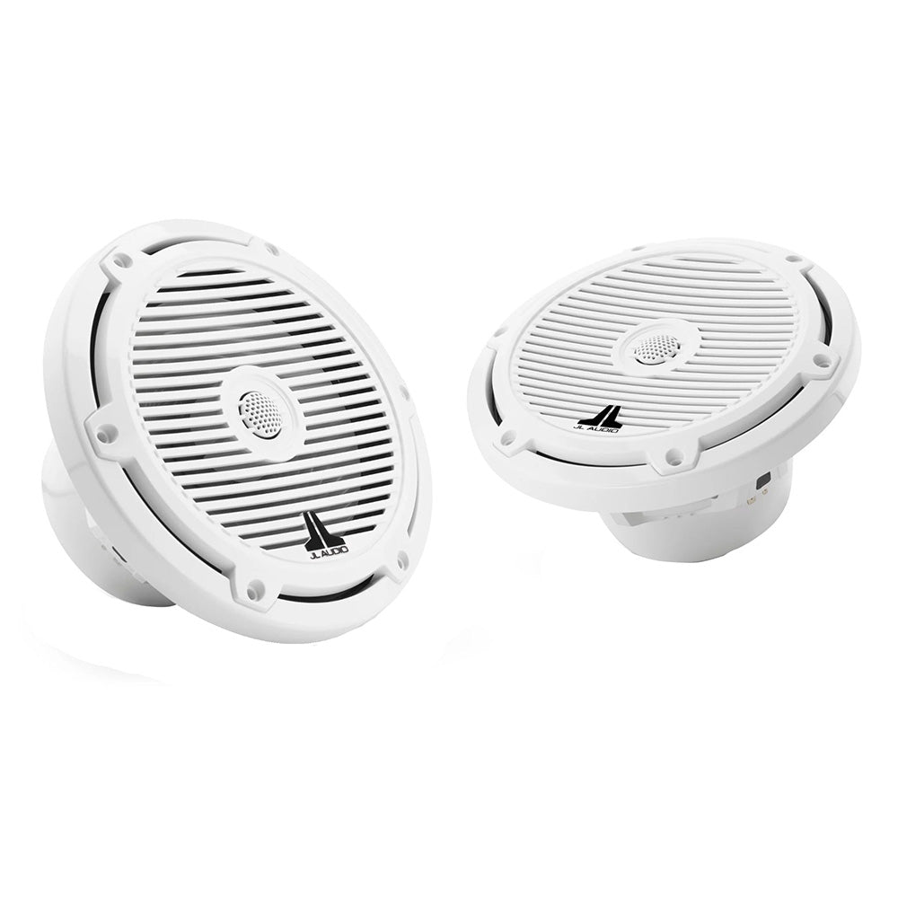 JL Audio M3 Series 7.7-inch marine coaxial speakers with gloss white classic grilles, designed for boat audio systems.