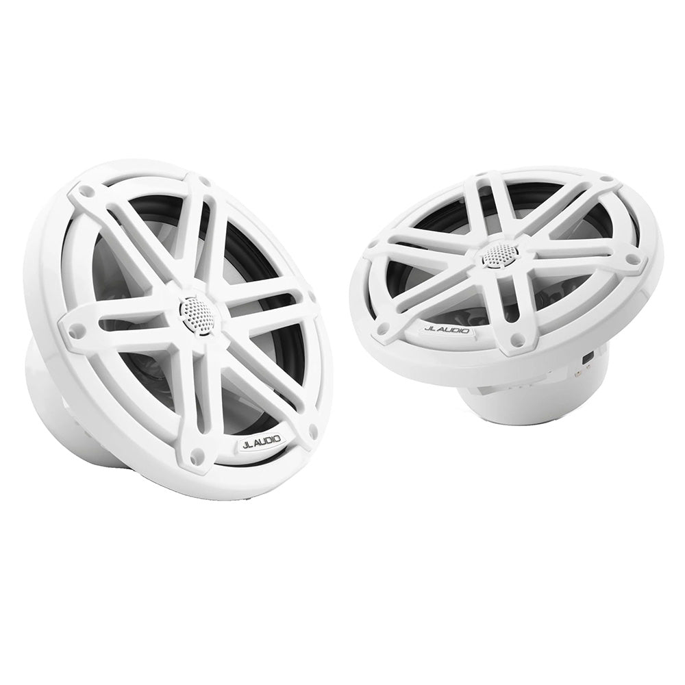JL Audio M3 Series 7.7-inch marine coaxial speakers with glossy white sport grilles, designed for boat audio systems.