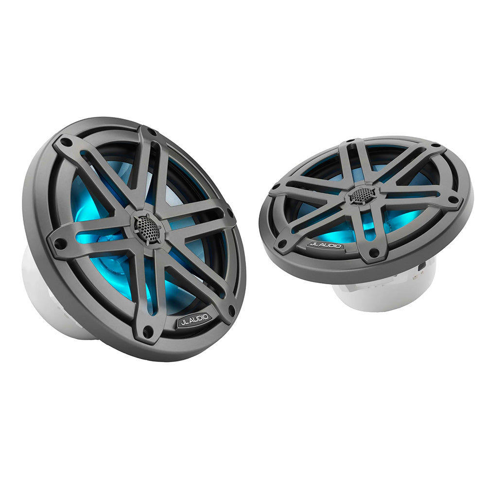 JL Audio M3 Series 7.7-inch marine coaxial speakers with grey metallic sport grilles and RGB LED lighting.