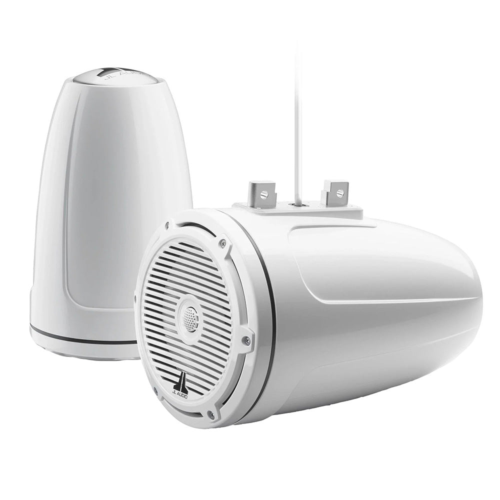 JL Audio M3 Series 7.7-inch enclosed tower coaxial speakers with gloss white grille, designed for high-quality sound system.