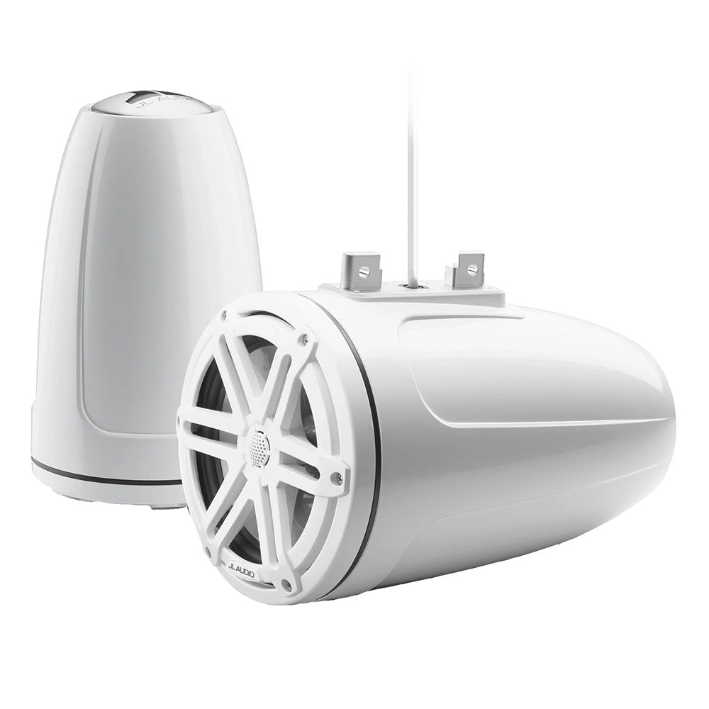 JL Audio M3 Series 7.7-inch enclosed tower coaxial speakers with gloss white sport grille, designed for high-performance sound.