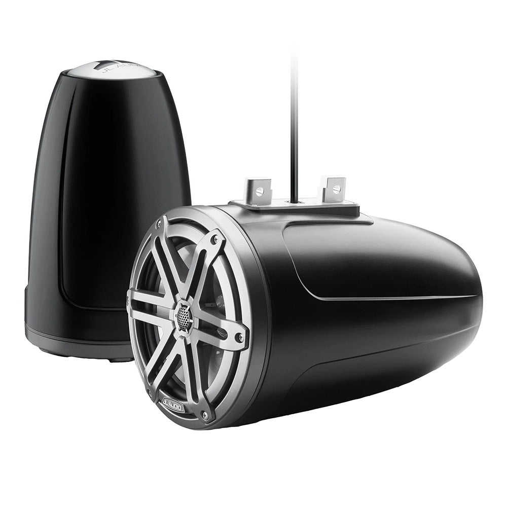 JL Audio M3 Series 7.7-inch enclosed tower coaxial speaker with grey metallic sport grille, designed for high-performance sound.