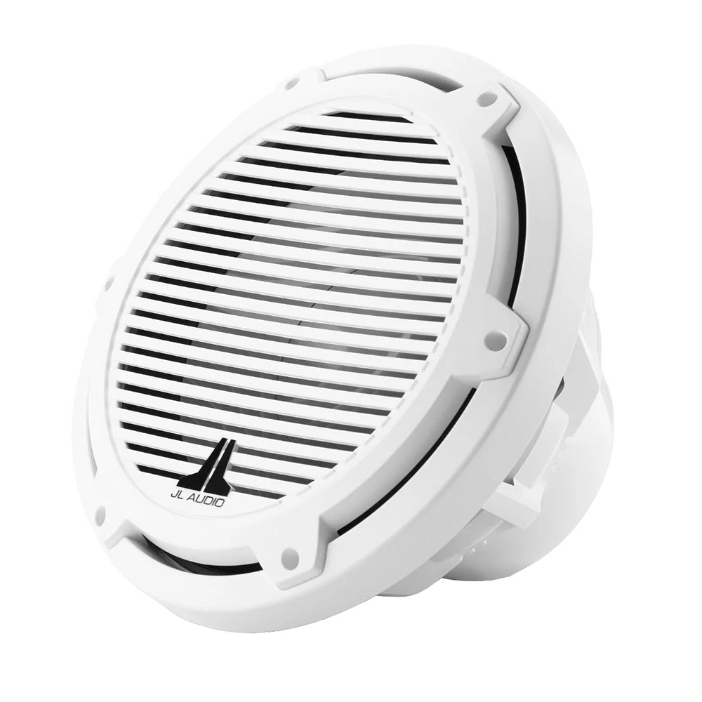 JL Audio M3 10-inch marine subwoofer with gloss white classic grille, designed for boat audio systems.