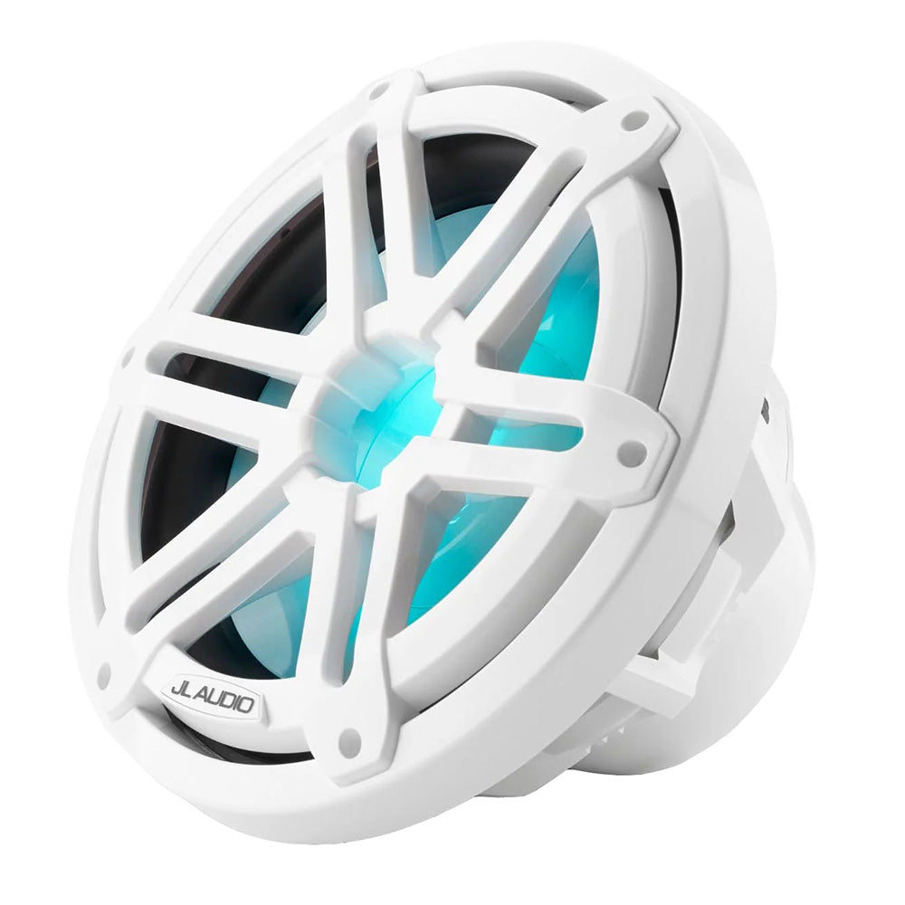 JL Audio M3 10-inch marine subwoofer with glossy white sport grille and RGB LED lighting, designed for boat audio systems.