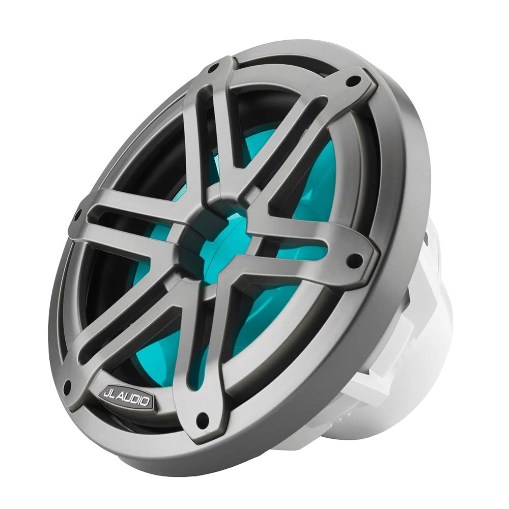 JL Audio M3 10-inch marine subwoofer with grey metallic sport grille and RGB LED lighting, designed for boat audio systems.