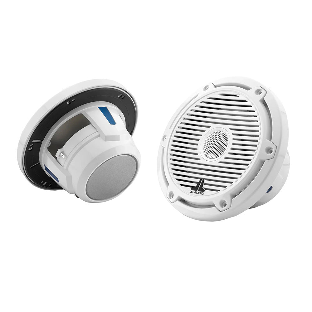 JL Audio M6 Series 6.5-inch marine coaxial speakers with glossy white grille, showcasing durable marine-grade design and sleek finish.