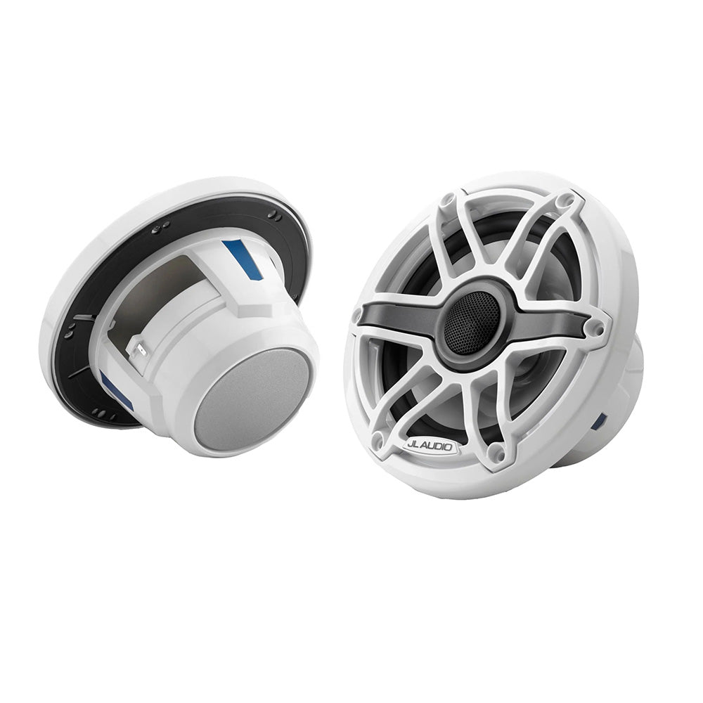 JL Audio M6 Series 6.5-inch marine coaxial speakers with gloss white sport grille, designed for boat audio systems.