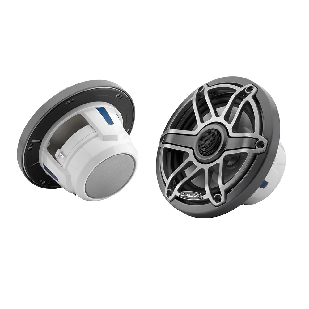 JL Audio M6 Series 6.5-inch marine coaxial speakers with titanium sport grille, designed for durable outdoor audio performance.