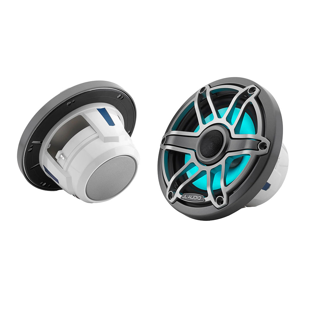 JL Audio M6 Series 6.5-inch marine coaxial speakers with grey metallic sport grille and transflective LED lighting.