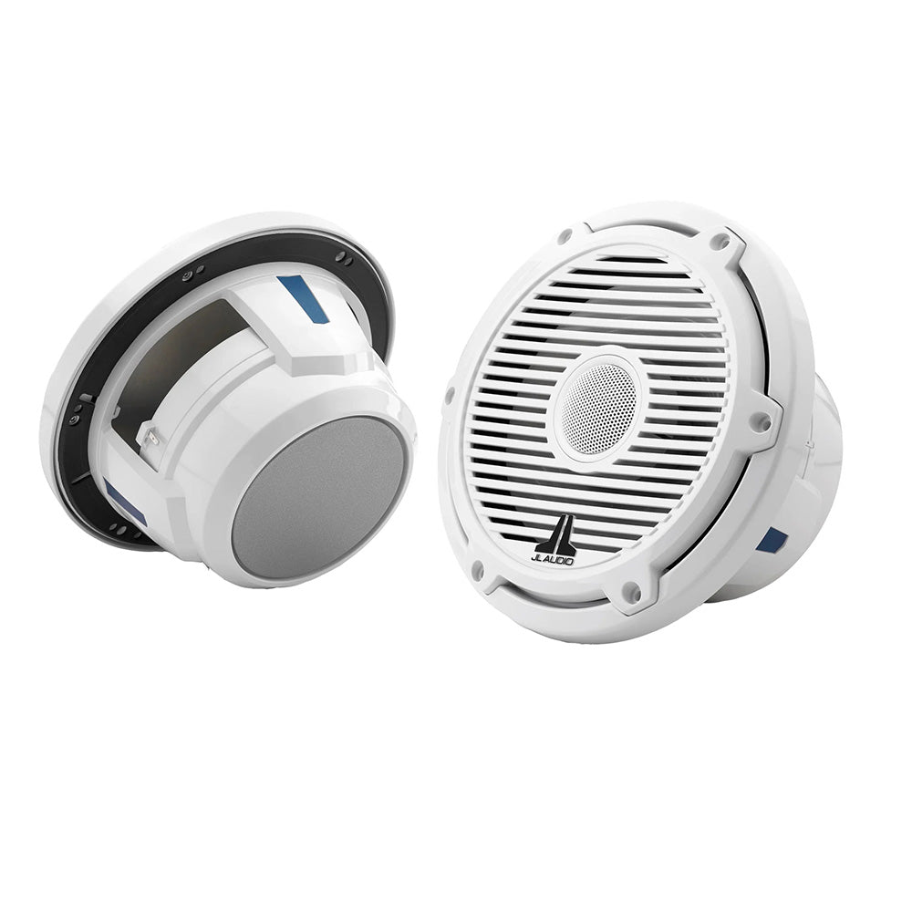 JL Audio M6 Series 7.7-inch marine coaxial speakers with glossy white classic grille, designed for boat audio systems.