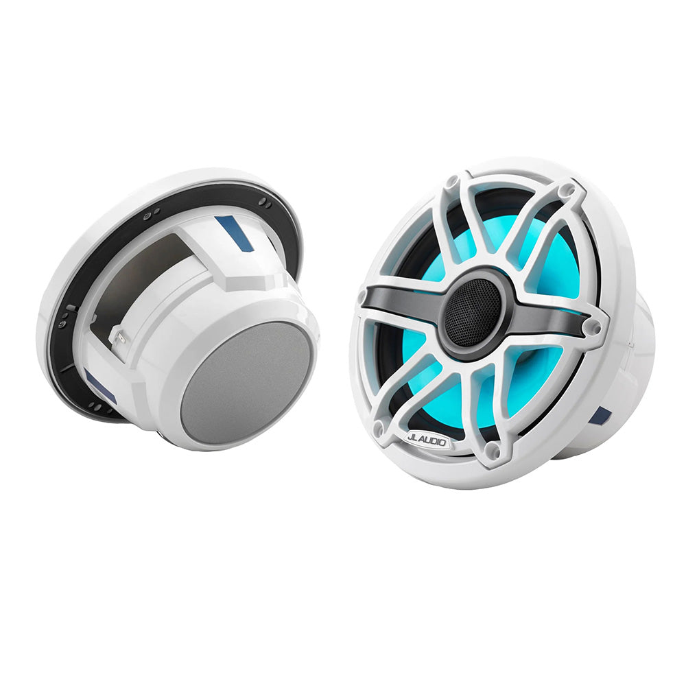 JL Audio M6 Series 7.7-inch marine coaxial speakers with gloss white sport grille and transflective LED lighting, shown from front view.