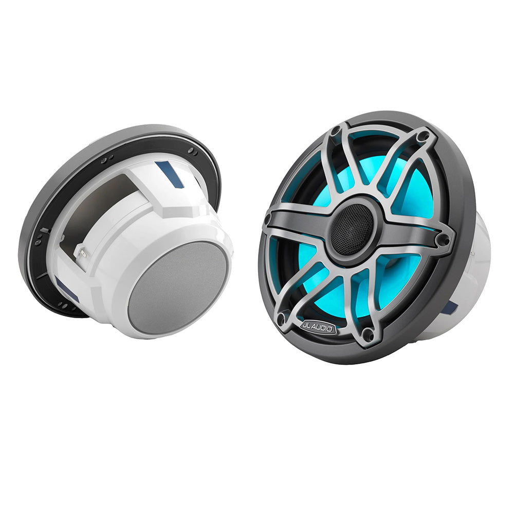 JL Audio M6 Series 7.7-inch marine coaxial speakers with grey metallic sport grille and transflective LED lighting.