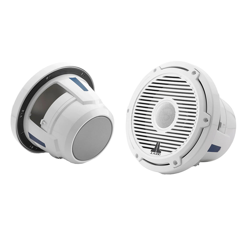 JL Audio M6 Series 8.8-inch marine coaxial speakers with gloss white classic grille, designed for durable outdoor sound.