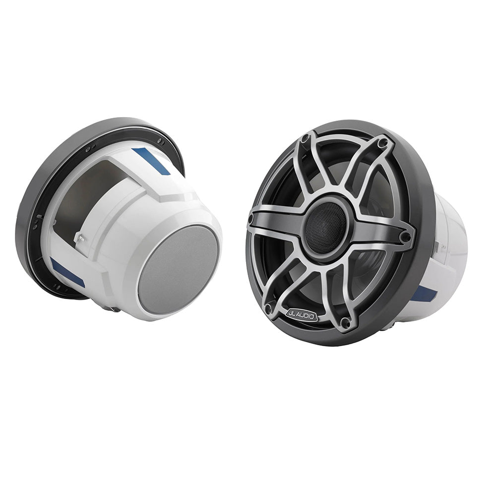 JL Audio M6 Series 8.8-inch marine coaxial speakers with titanium sport grille, designed for durable outdoor audio performance.