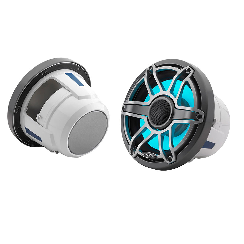 JL Audio M6 Series 8.8-inch marine coaxial speakers with grey metallic sport grille and transflective LED lighting.