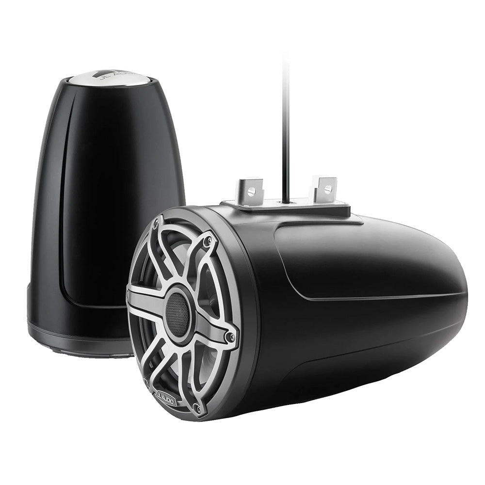 JL Audio M6 Series 7.7-inch enclosed tower coaxial speakers with titanium sport grille, designed for high-performance sound.