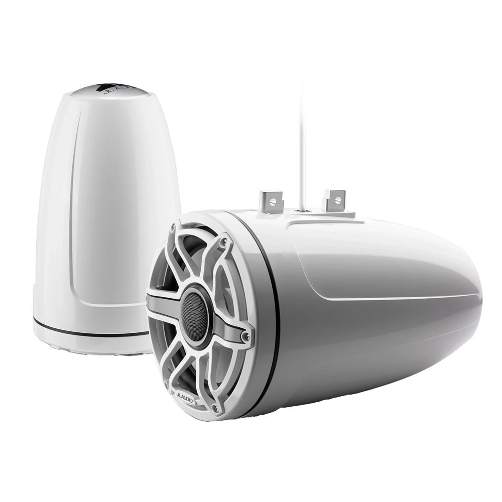 JL Audio M6 Series 8.8-inch enclosed tower coaxial speaker with gloss white sport grille, designed for high-quality sound.