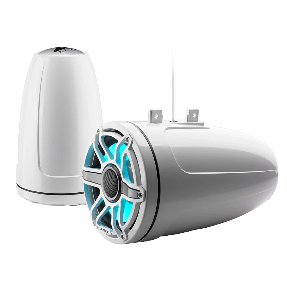 JL Audio M6 Series 8.8-inch enclosed tower coaxial speaker with gloss white sport grille and transflective LED lighting.