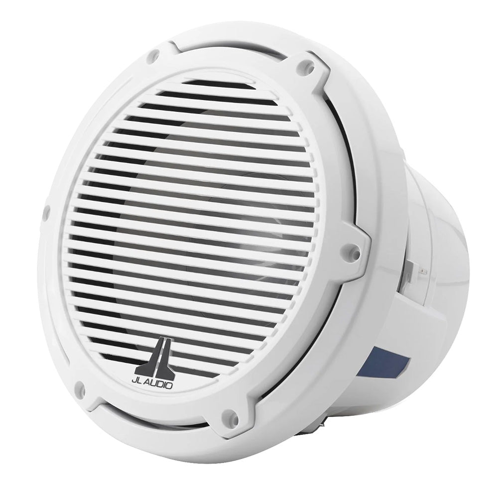 JL Audio M6 8-inch marine subwoofer with glossy white grille, designed for boat audio systems, durable and high-performance.