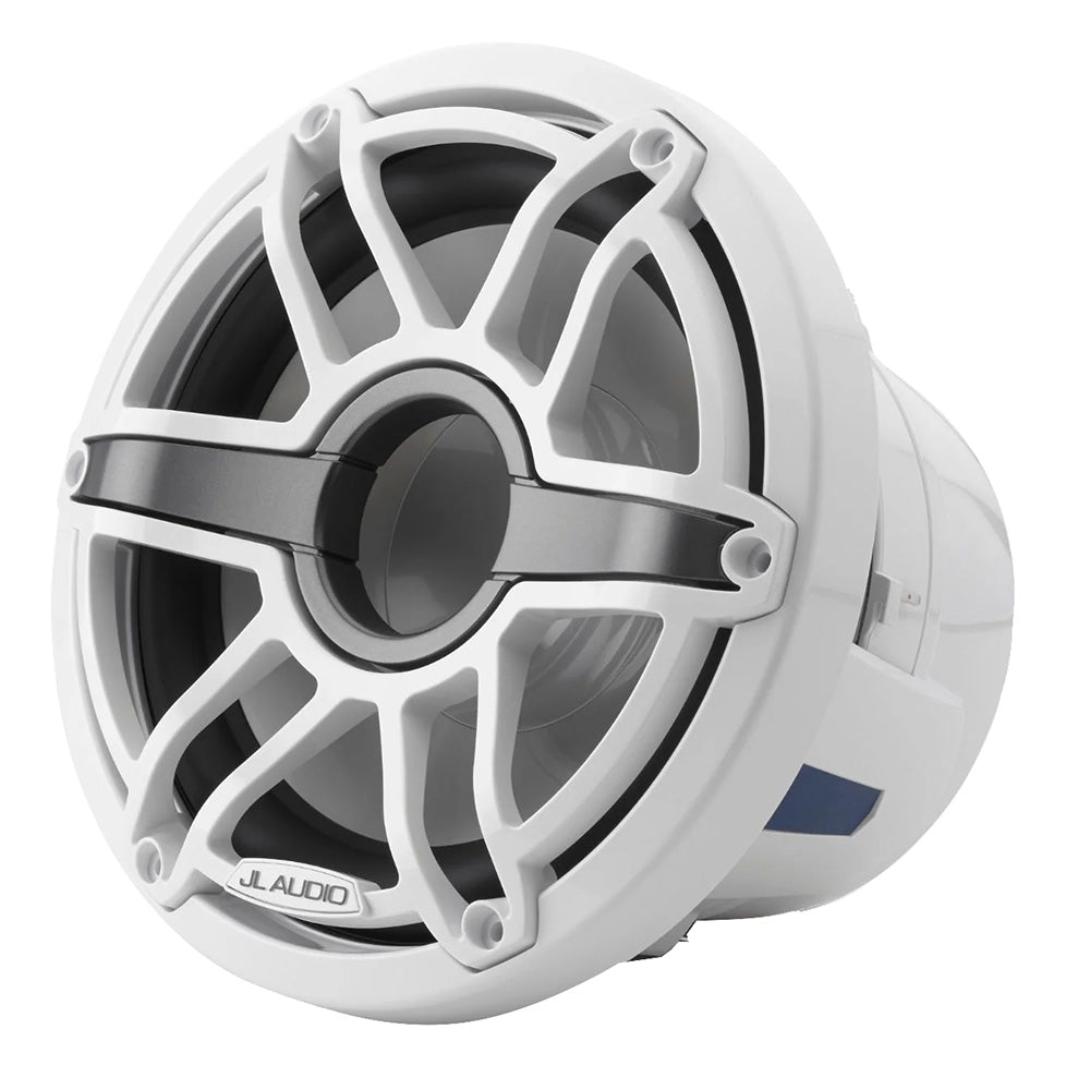 JL Audio M6 8-inch marine subwoofer with gloss white sport grille, designed for boat sound systems.