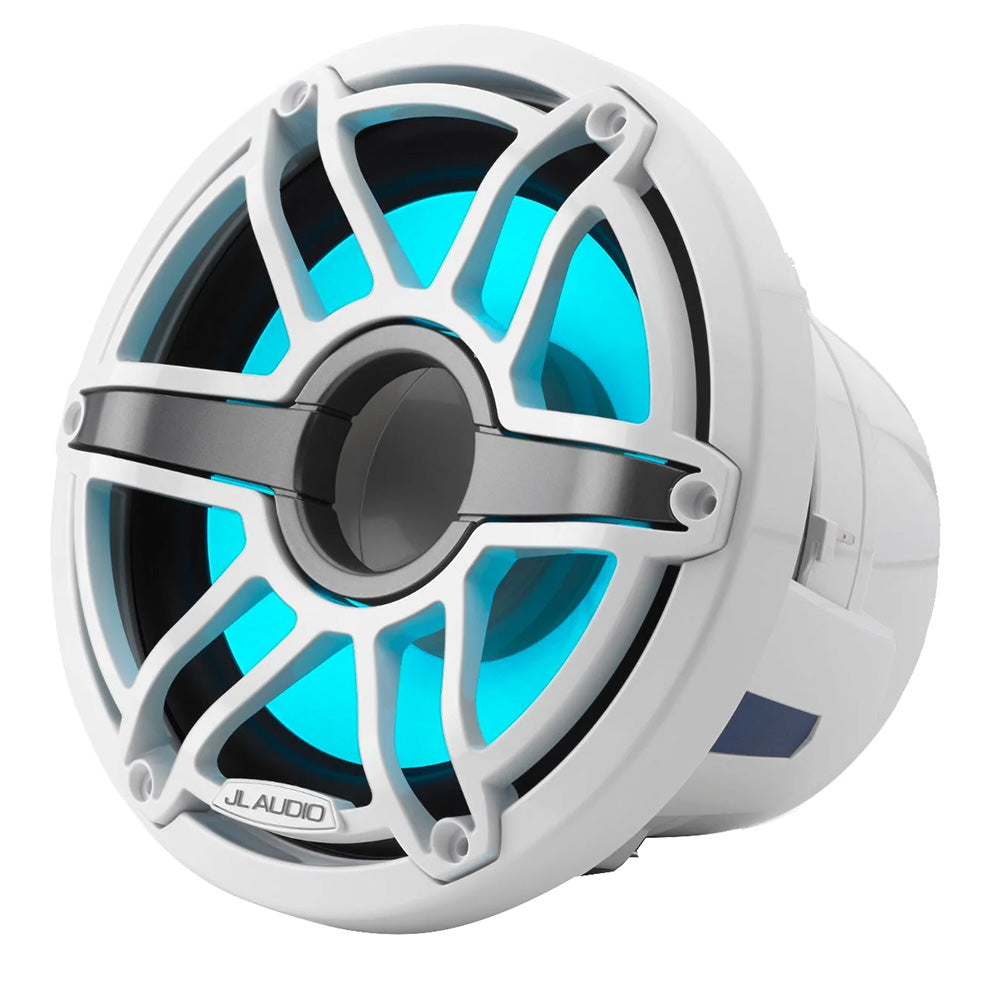 JL Audio M6 8-inch marine subwoofer with gloss white sport grille and transflective LED lighting in a sleek marine audio setup