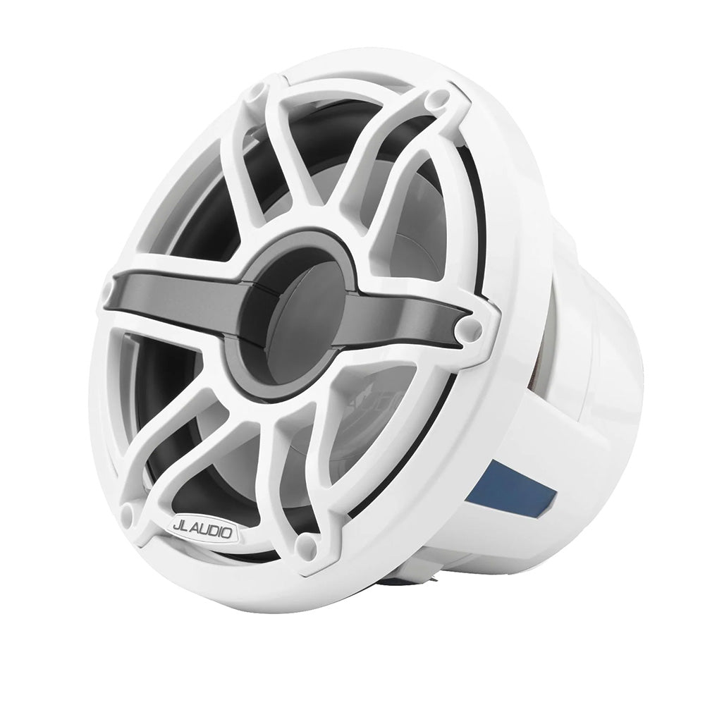 JL Audio M6 10-inch marine subwoofer with gloss white sport grille, designed for infinite-baffle boat audio systems.